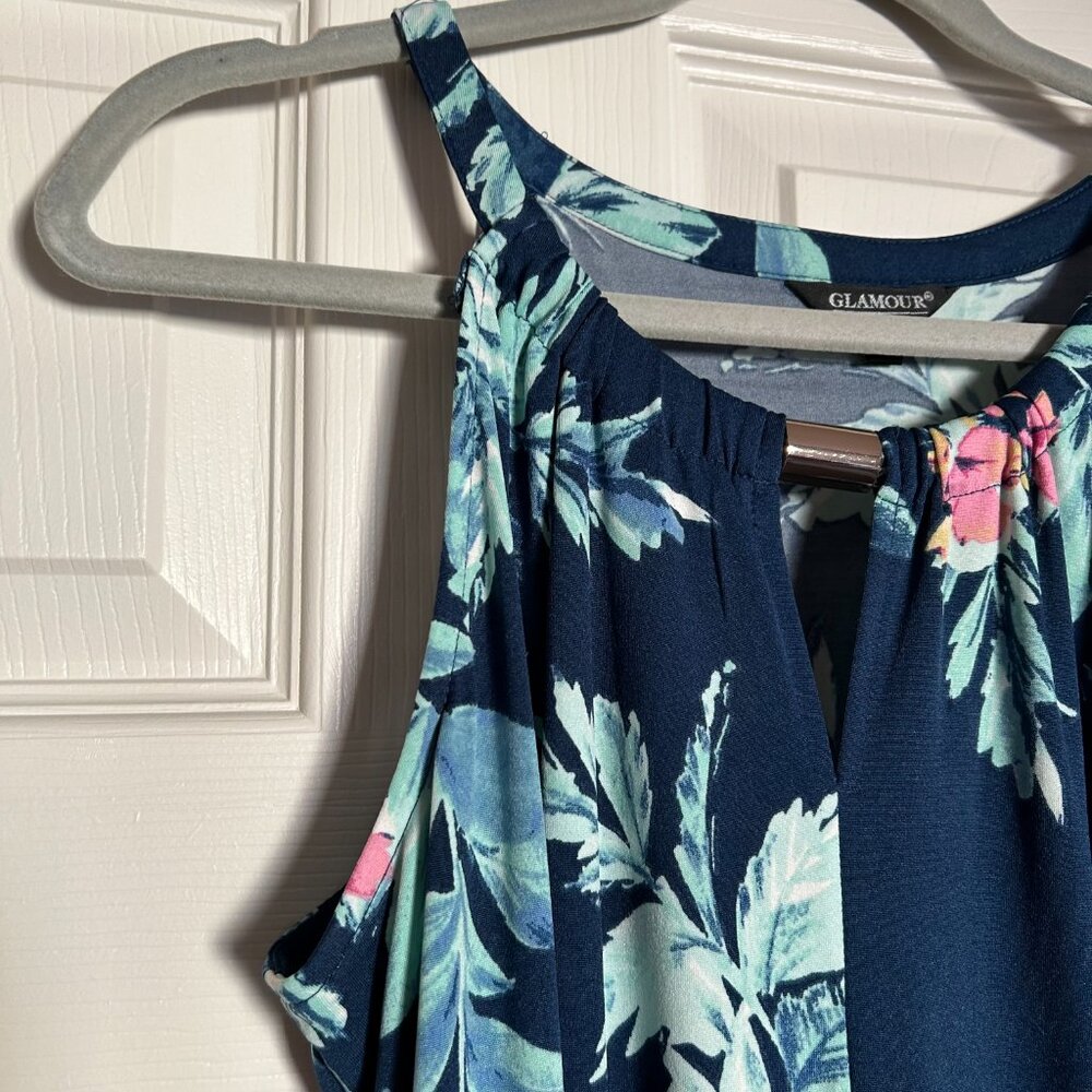 Glamour women maxi dress size 10 blue floral round neck sleeveless cutout gold - Picture 13 of 15